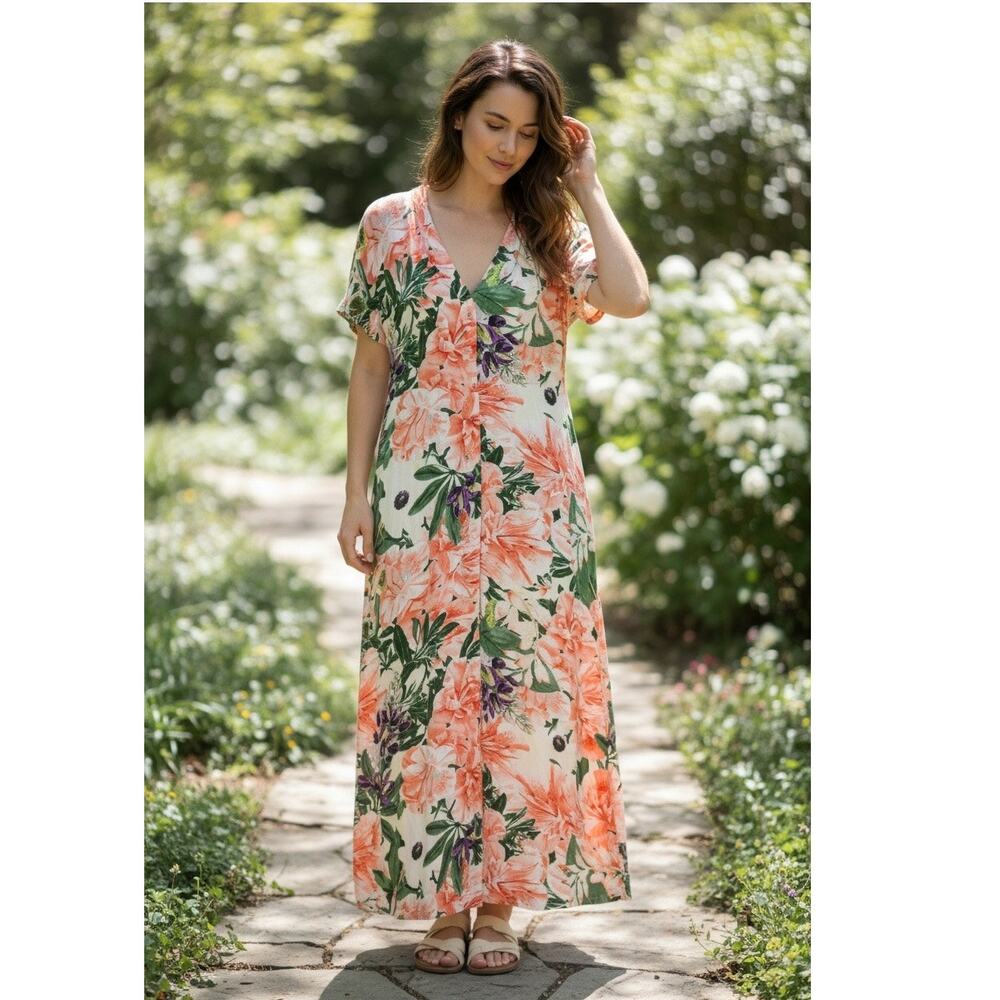 H&M Floral Maxi Dress Size XS Tropical Button Front‎ Cottagecore Boho Vacation